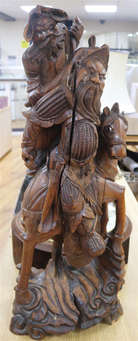 A large Chinese hardwood group of a horse rider
